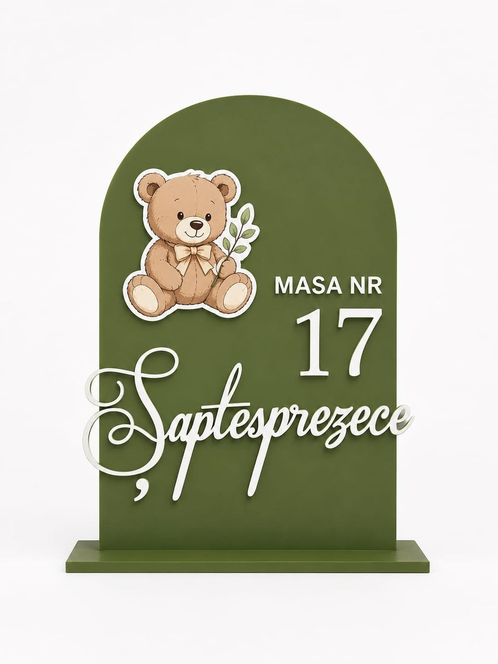Număr masă personalizat plexiglass cu ursuleț verde