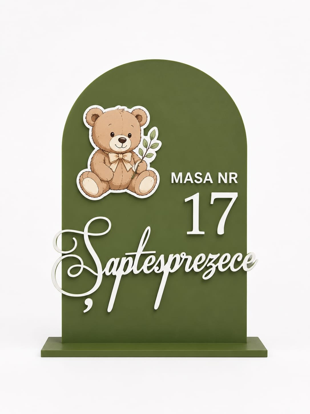 Număr masă personalizat plexiglass cu ursuleț verde