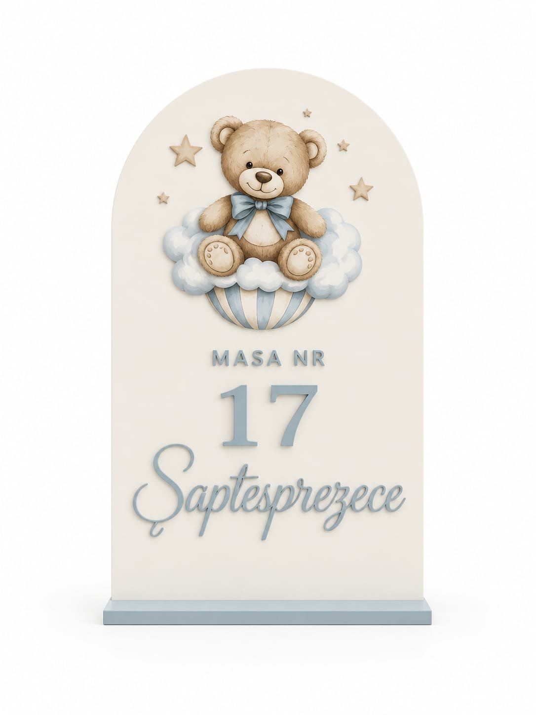 Număr masă personalizat plexiglass cu ursuleț bej