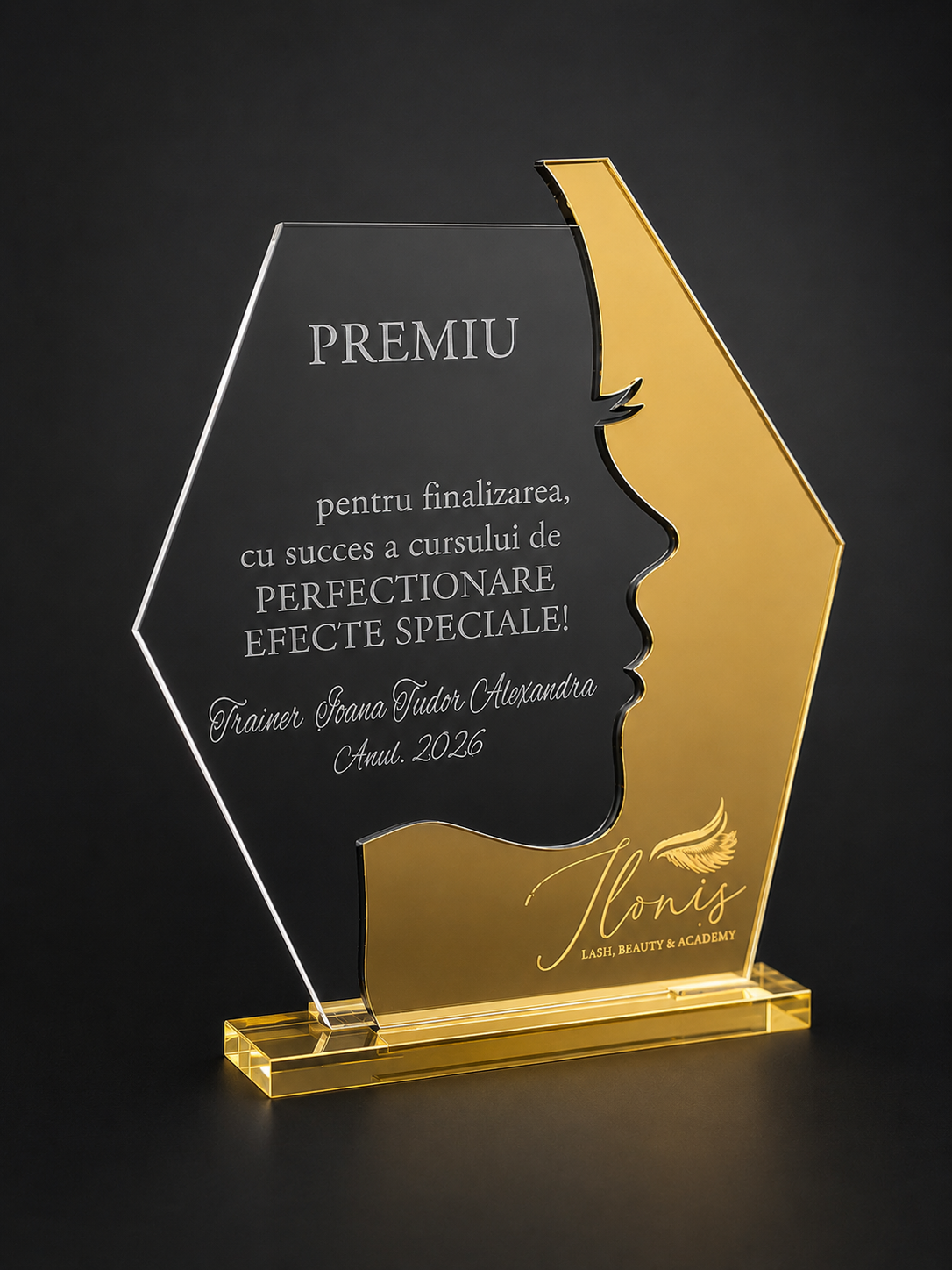 Trofeu feminin beauty face plexiglass auriu