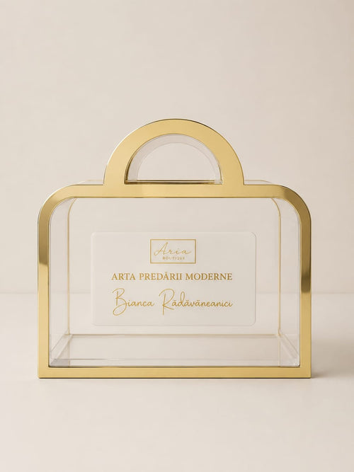 Geantă cadou acrilică transparentă cu mâner auriu personalizată