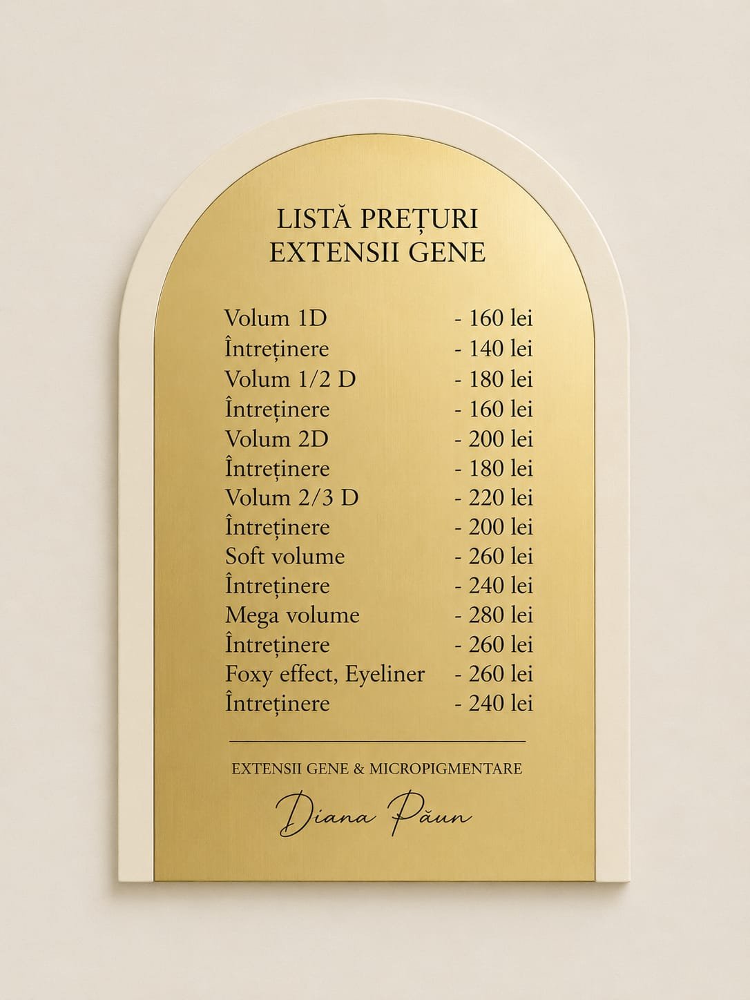 Placă listă de prețuri personalizată metalex auriu