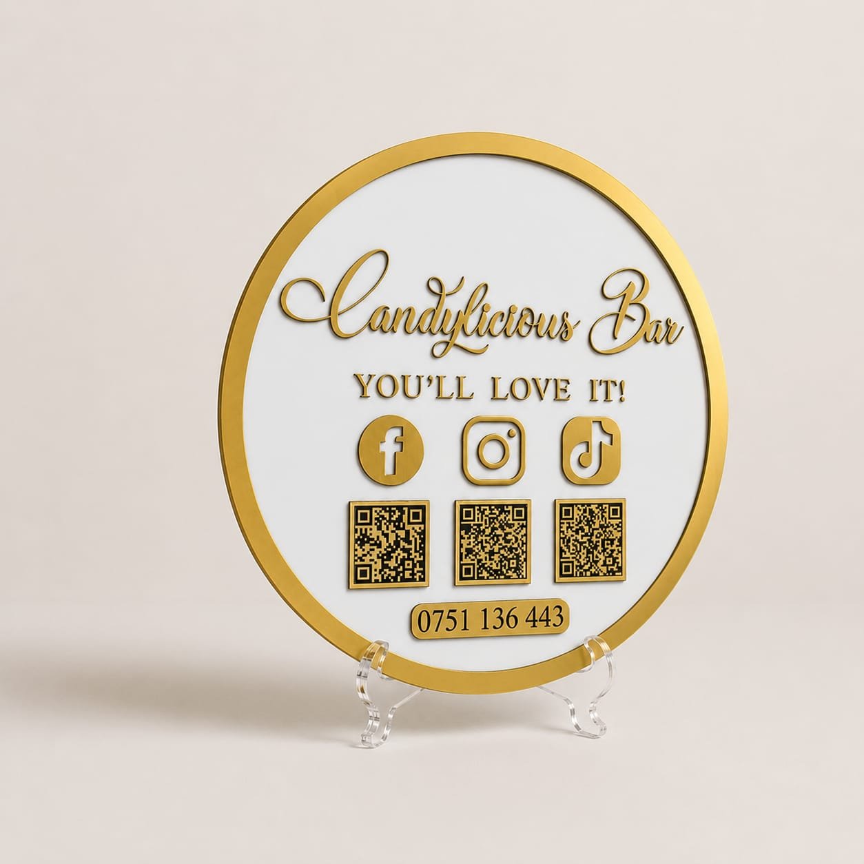 Suport QR code personalizat plexiglass rotund auriu