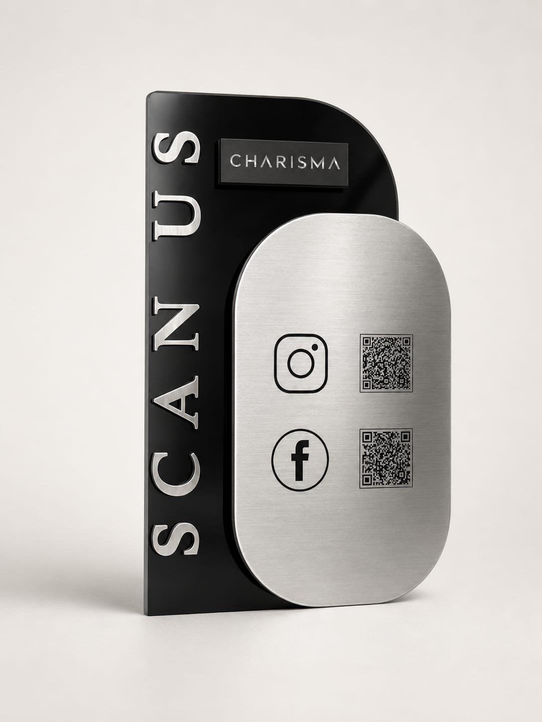 Suport QR code personalizat metalex negru argintiu