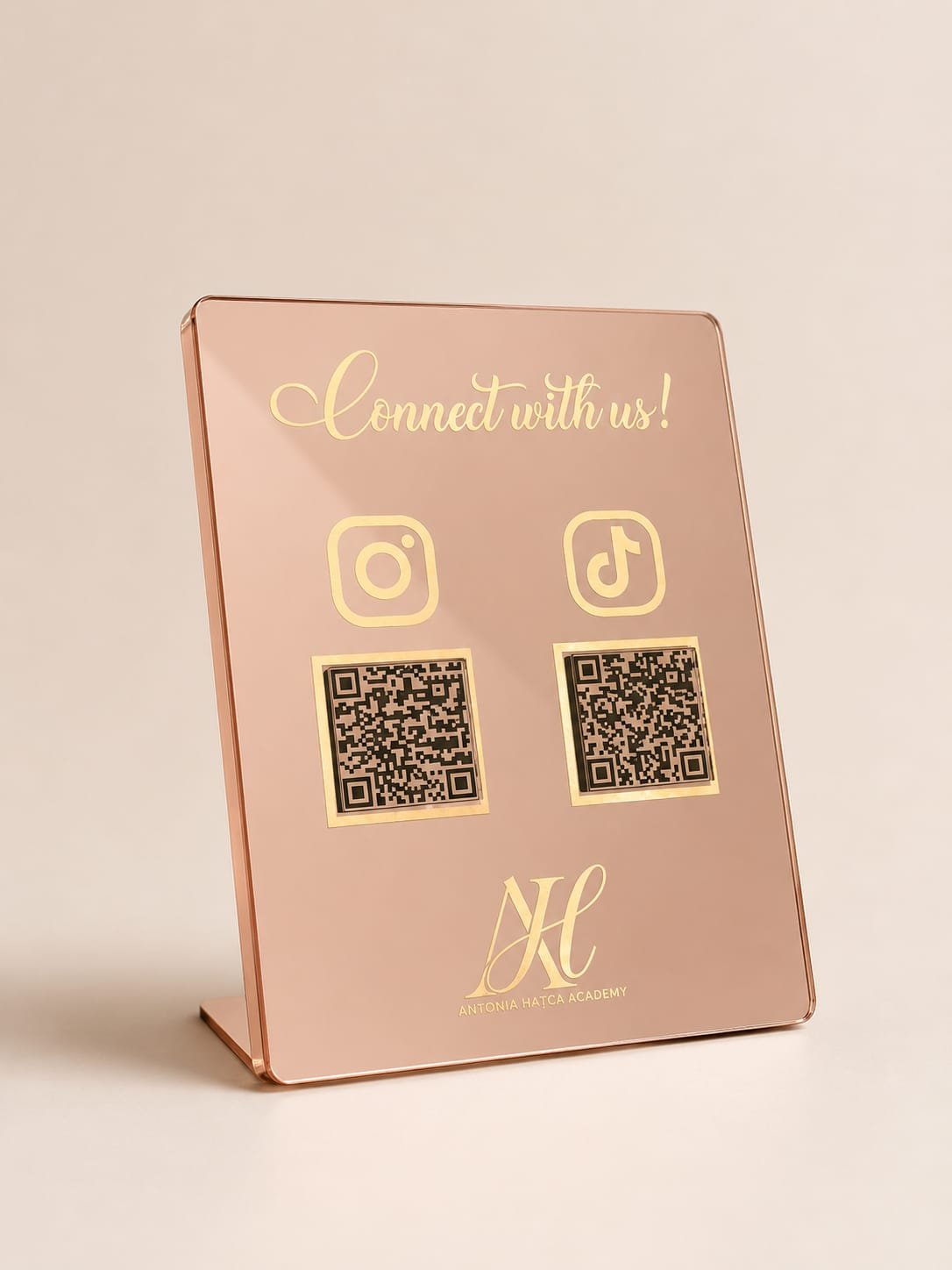 Suport QR code personalizat plexiglass oglindă rose gold