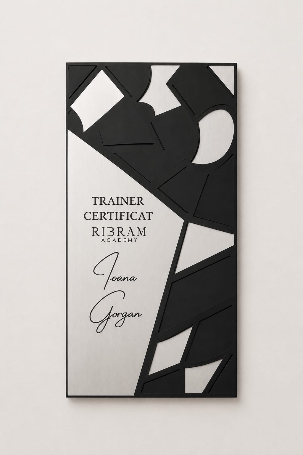 Plachetă trainer metal periat design geometric negru